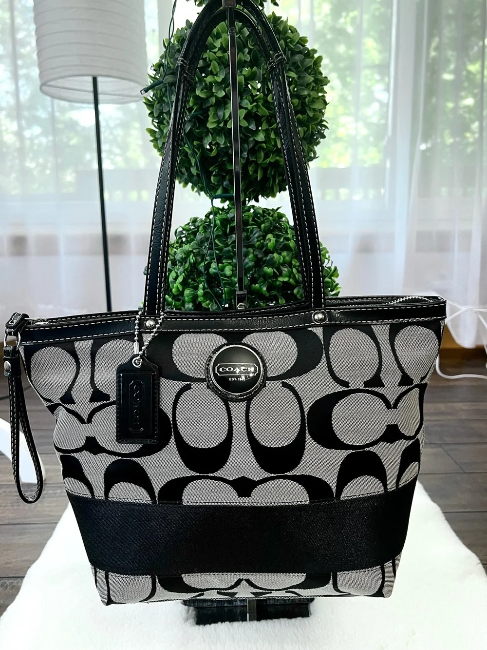 Coach Signature Stripe Tote Light Gray Black With Patent Leather